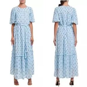 Ciebon Angela Metallic Silver Tinsel Print‎ Ruffle Biho Maxi Dress